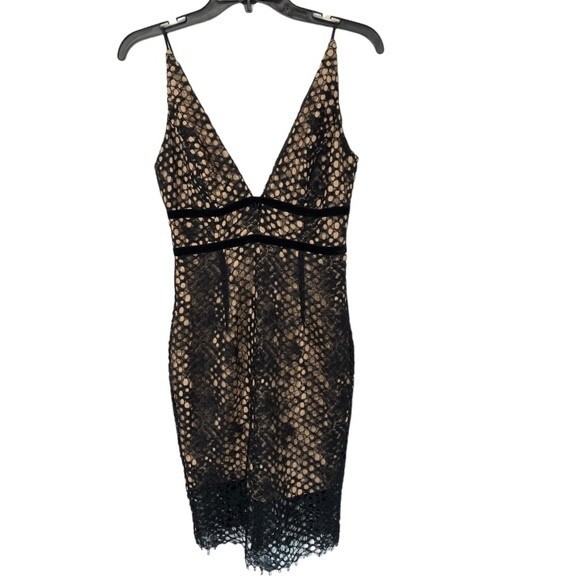 NWOT BARDOT | Serpentine Lace Deep V Neck Nude Black Mini Cocktail Dress 4 XS - Picture 5 of 9